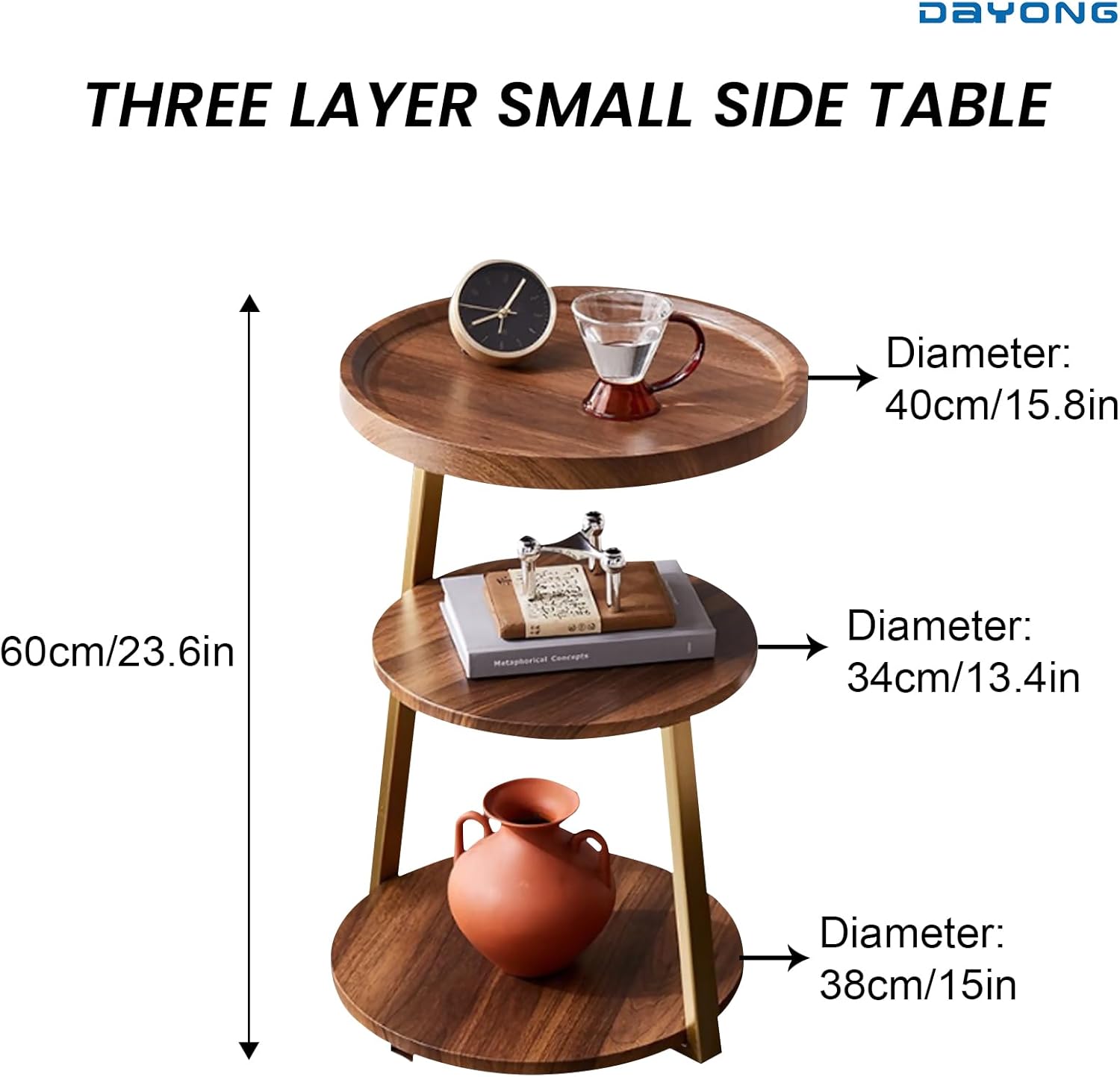 DAYONG 3-Tier End Table, Sofa Side Table, Movable Nightstand, Modern Corner Table, Tea Cabinet for Living Room, Bedroom, Office & Balcony, Easy to Assemble (Gold Frame)
