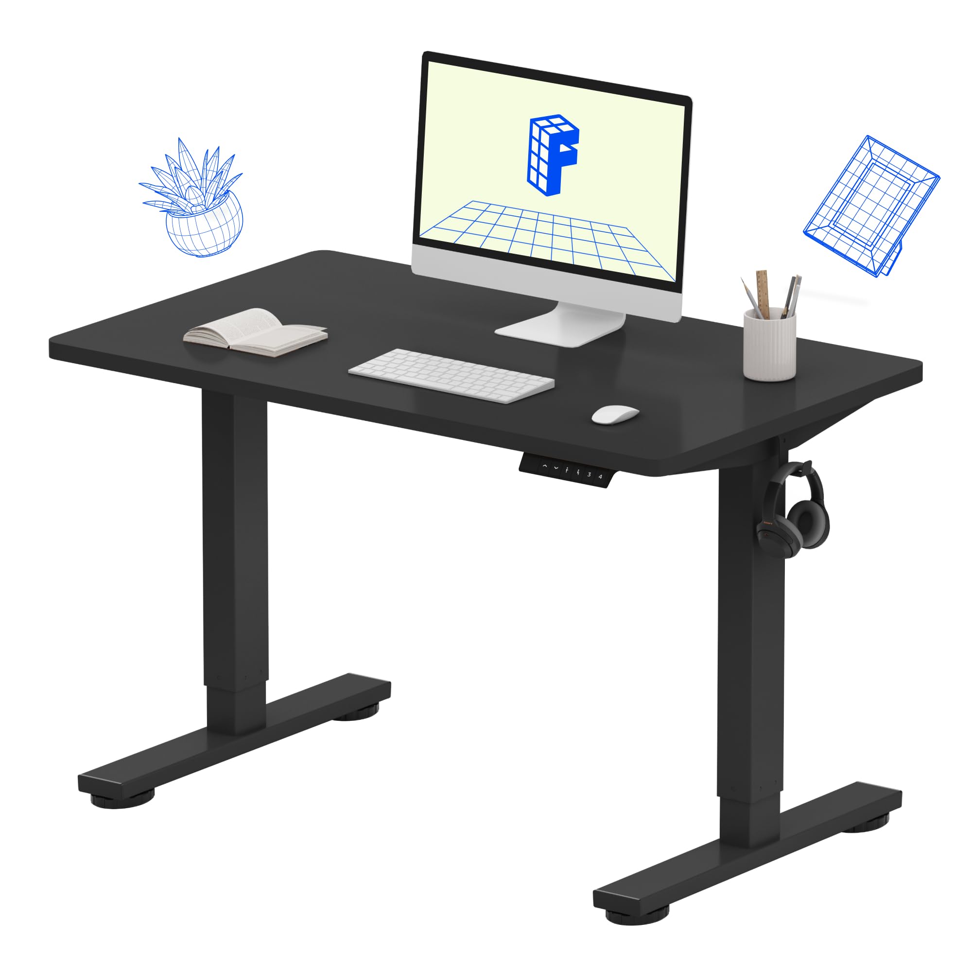 Flexispot 55 X 28 Inches Electric Stand Up Metal Desk Workstation, Whole Piece Desk Board Home Office Computer Standing Table Height Adjustable Desk Black Frame and 55 Black Top-GCC Home Center