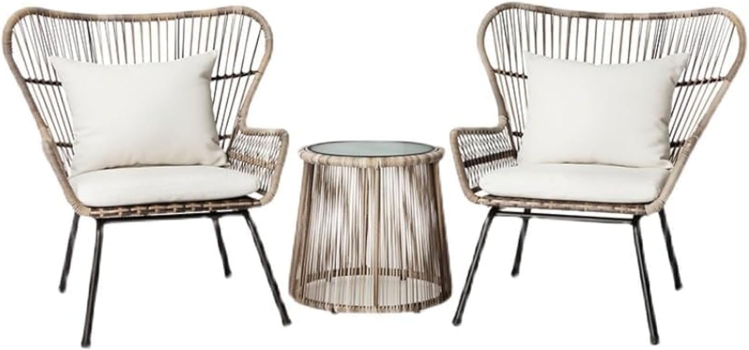 SUNRISE Premium Rattan Wicker Outdoor Club Chairs Table, Upgraded 2000 Hours UV Resistant Rattan Boho Patio Furniture Set with Cushions (2 Chairs +1 Table)