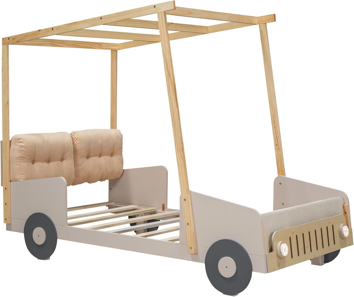 Twin Size kid Car Bed with Pillow & Car Headlights Shaped LED Light,Wood Kid Bed Frame W/Ceiling Cloth & Magazine Holder,Toy Bedroom Furniture for Boys Toddlers Child,Natural