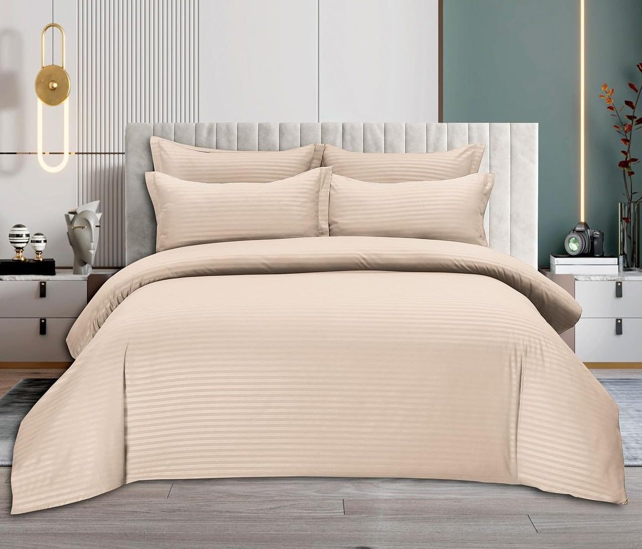 Generic Sleeping Bear 6-Piece Luxury King Size Cotton Bedsheet - Quilt Cover Set | 1 Fitted 200 * 200 Sheet + 1 Quilt Cover + 4 Pillow Cases (Beige)-GCC Home Center
