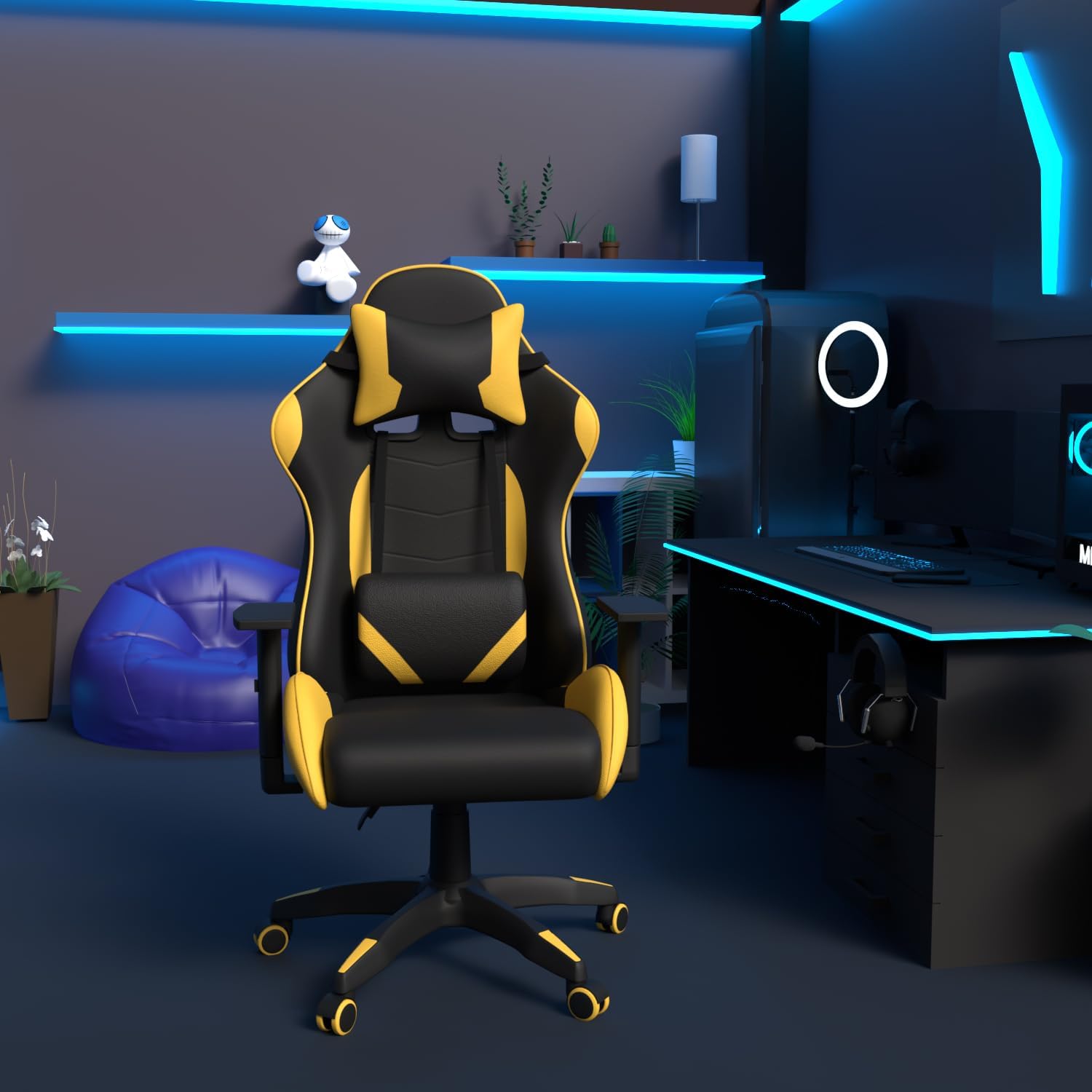 Gaming Chair Swivel Tilt Tension Adjustable PU Leather High Back Chair - Yellow-GCC Home Center