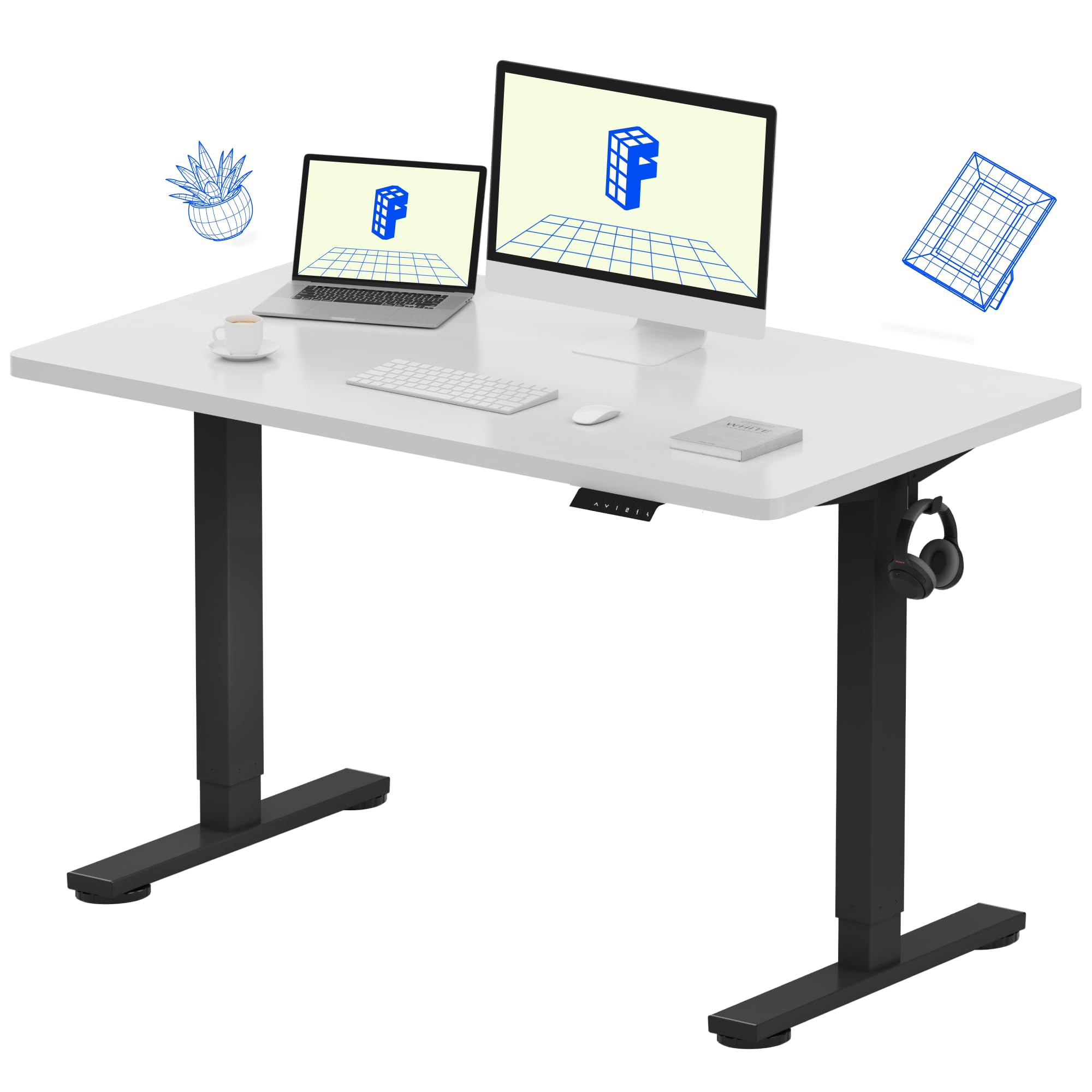 Flexispot 55 X 28 Inches Electric Stand Up Metal Desk Workstation, Whole Piece Desk Board Home Office Computer Standing Table Height Adjustable Desk Black Frame and 55 Black Top-GCC Home Center