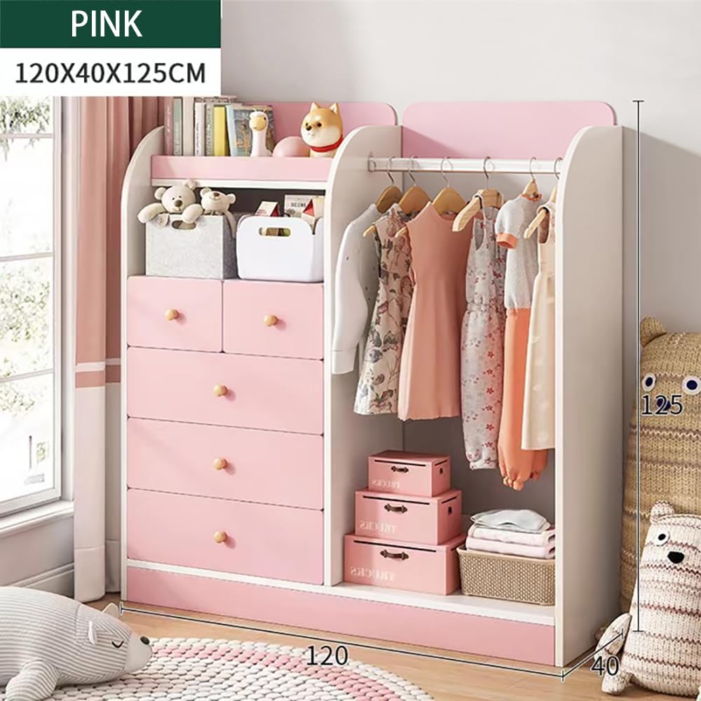 MUMOO BEAR Creative Kids Wardrobe, Wooden Cabinet with 5 Drawers and Hanging Area for Clothes Storage Organizer, Modern Closet Heavy Duty Bedroom Furniture for Boys Girls, YN011 (Pink)-GCC Home Center