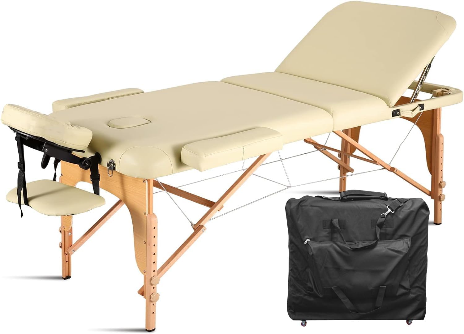 28" Portable Massage Table With Backrest Free Wheeled Carry Case, Folding SPA Bed, Lightweight, Spa Tattoo Couch Bed, 3/2 Zones with Height-Adjustable, Beige Color
