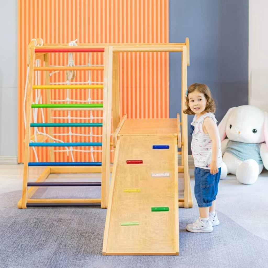 COOLBABY 6 in 1 Solid Wood Kids Climbing Frame. Kids Indoor Wooden Climbing Slide and Swing Combo. Toddler Indoor Playground and Kids Indoor Gym. Double Sided Slide (Climbing/Slide)