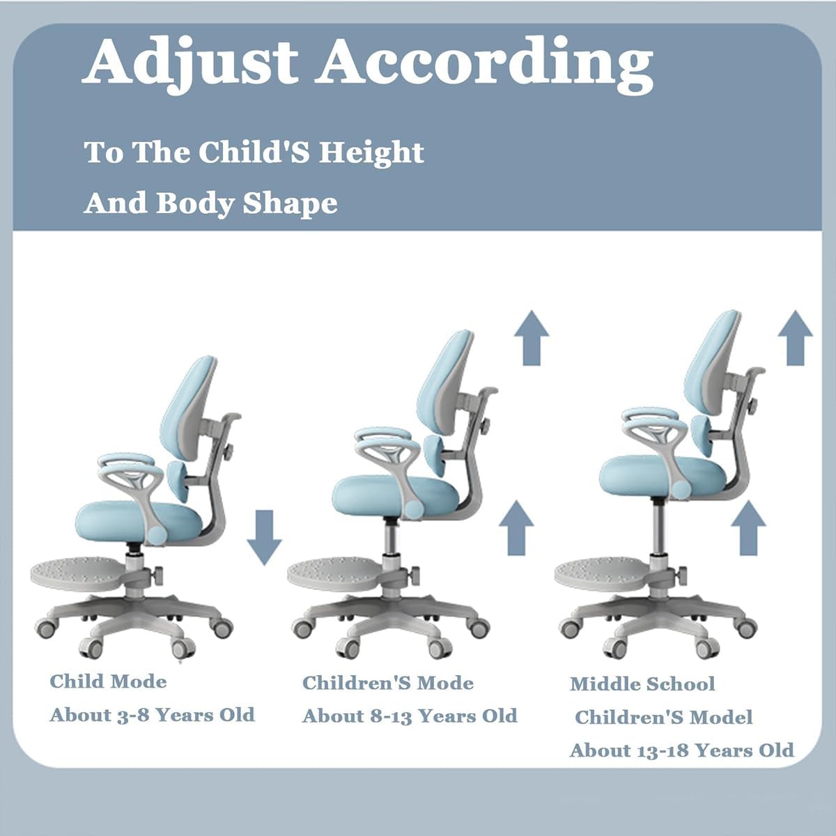 MOZOGOT Kids Desk Chair with Armrests Footrest, Adjustable Height Study Chair with Arms & Wheels Ergonomic Student Swivel Rolling Task Chair for Boys Girls, Home Bedroom School (Blue)