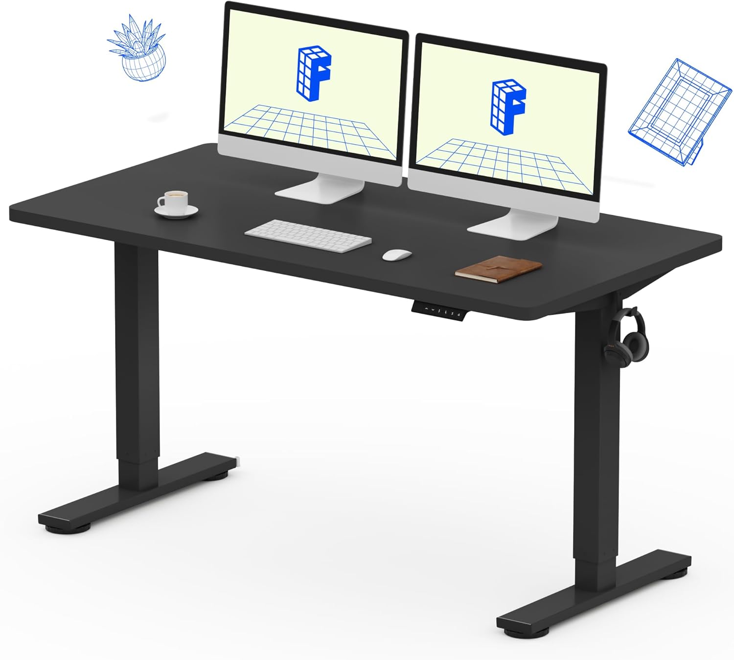 Flexispot 55 X 28 Inches Electric Stand Up Metal Desk Workstation, Whole Piece Desk Board Home Office Computer Standing Table Height Adjustable Desk Black Frame and 55 Black Top-GCC Home Center