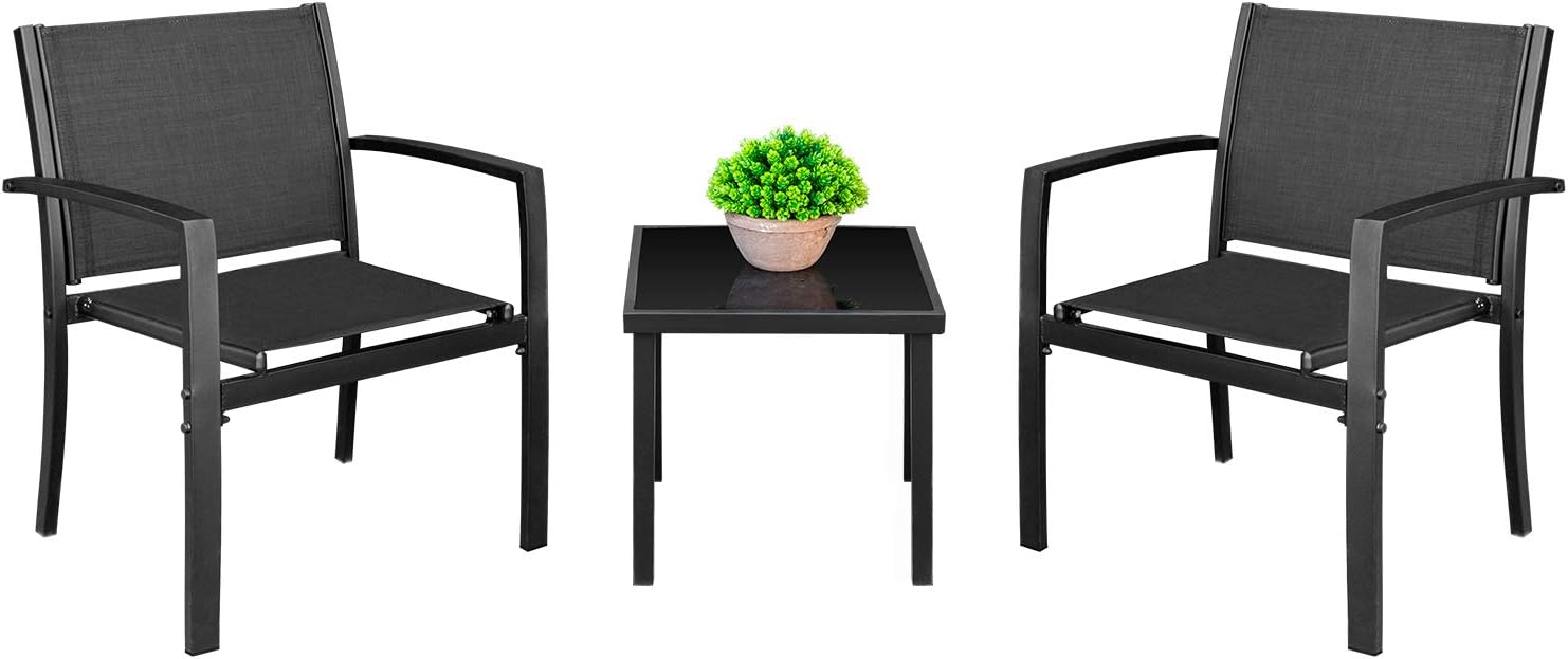 Homall 3 Pieces Patio Furniture Set Outdoor Patio Conversation Textilene Bistro Set Modern Porch Lawn Chairs with Coffee Table for Home and Balcony (Black)