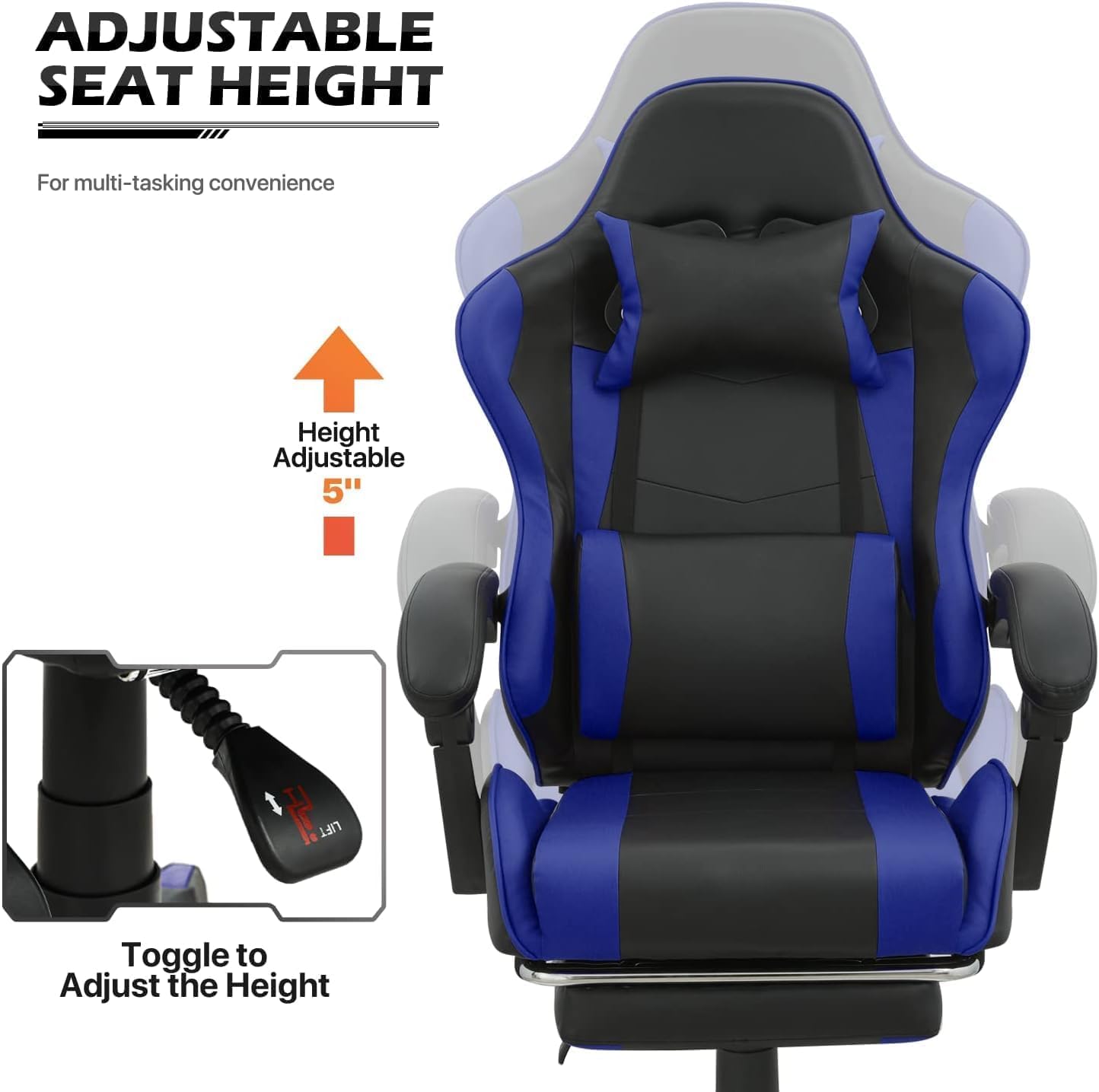 Peng General Gaming Chair with Footrest,Racing Gaming Chair,Computer Gamer Chair,Ergonomic Game Chair with Adjustable Headrest and Lumbar Support (Blue)-GCC Home Center