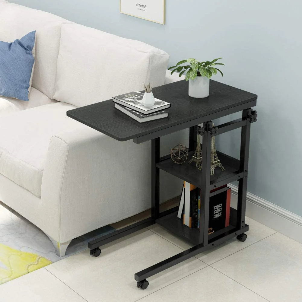 C-Shaped Snack Side Table with Wheels | Rolling Laptop Cart with Storage Shelves for Sofa, Bed & Living Room
