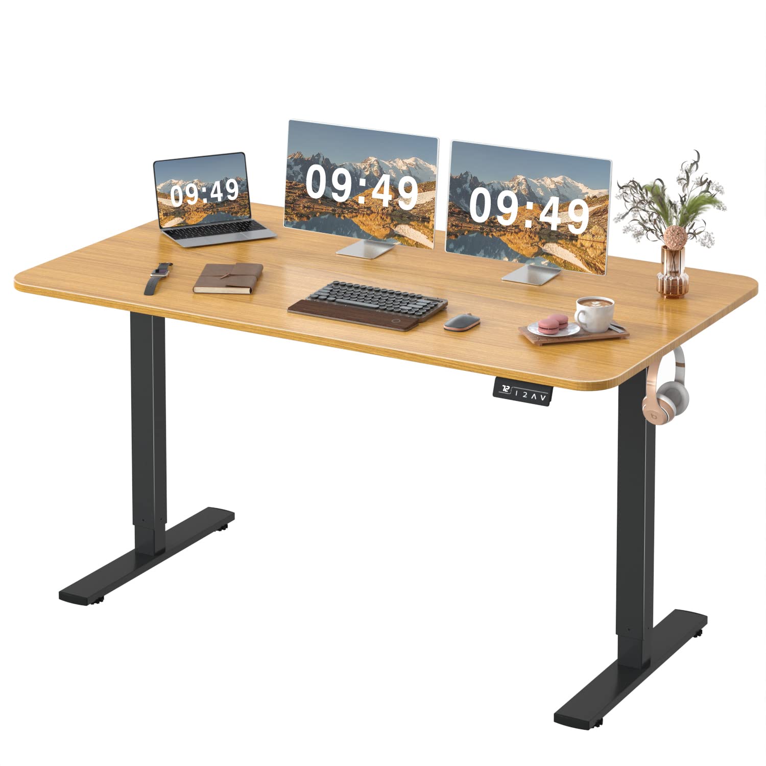 Furmax Electric Height Adjustable Standing Desk Large 55 x 24 Inches Sit Stand Up Desk Home Office Computer Desk Memory Preset with T-Shaped Metal Bracket, Black-GCC Home Center