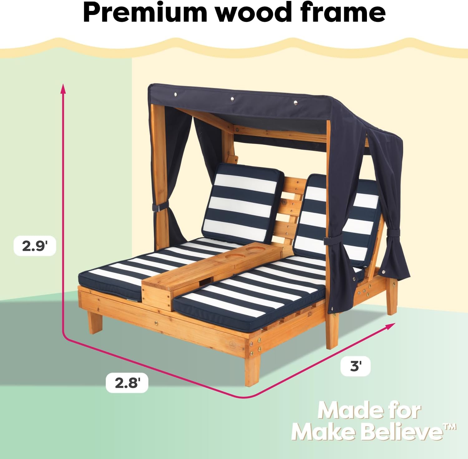 KidKraft Wooden Outdoor Double Chaise Lounge with Cup Holders, Kid's Patio Furniture, Honey Navy and White Striped Fabric, Gift for Ages 3-8