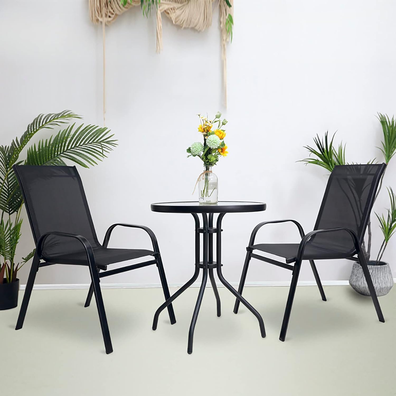 Vital Outdoor Patio Bistro Set – Black Wicker Chairs & Round Table for Elegant and Comfortable Small Space Dining, Relaxation, and Outdoor Enjoyment (VI-DNS-13)