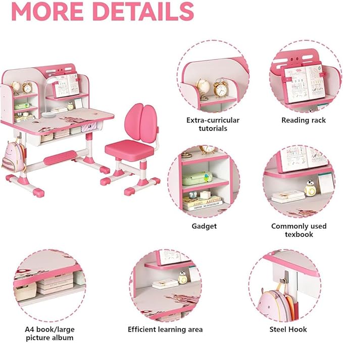Adjustable Kids Study Learning Desk and Chair Set With Bookshelf, Drawer Storage, Shelves, Table Lamp & Fun Stickers