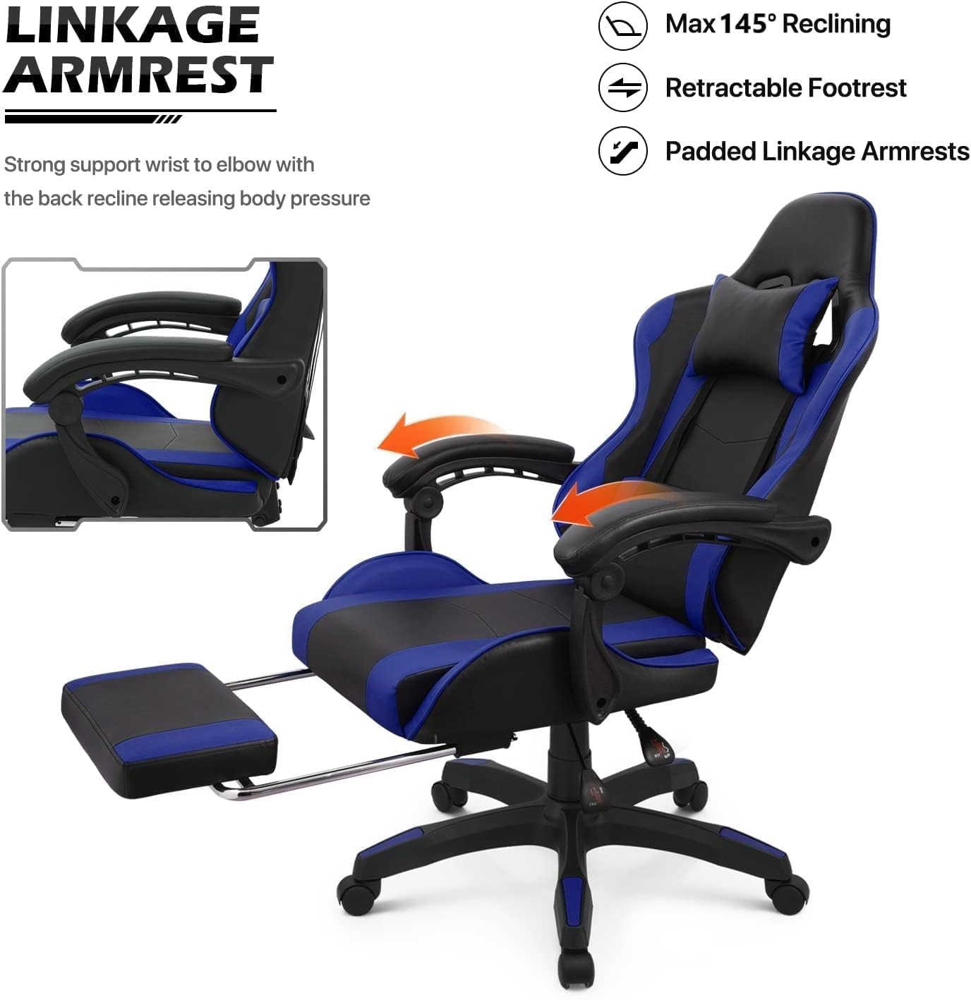 Peng General Gaming Chair with Footrest,Racing Gaming Chair,Computer Gamer Chair,Ergonomic Game Chair with Adjustable Headrest and Lumbar Support (Blue)-GCC Home Center