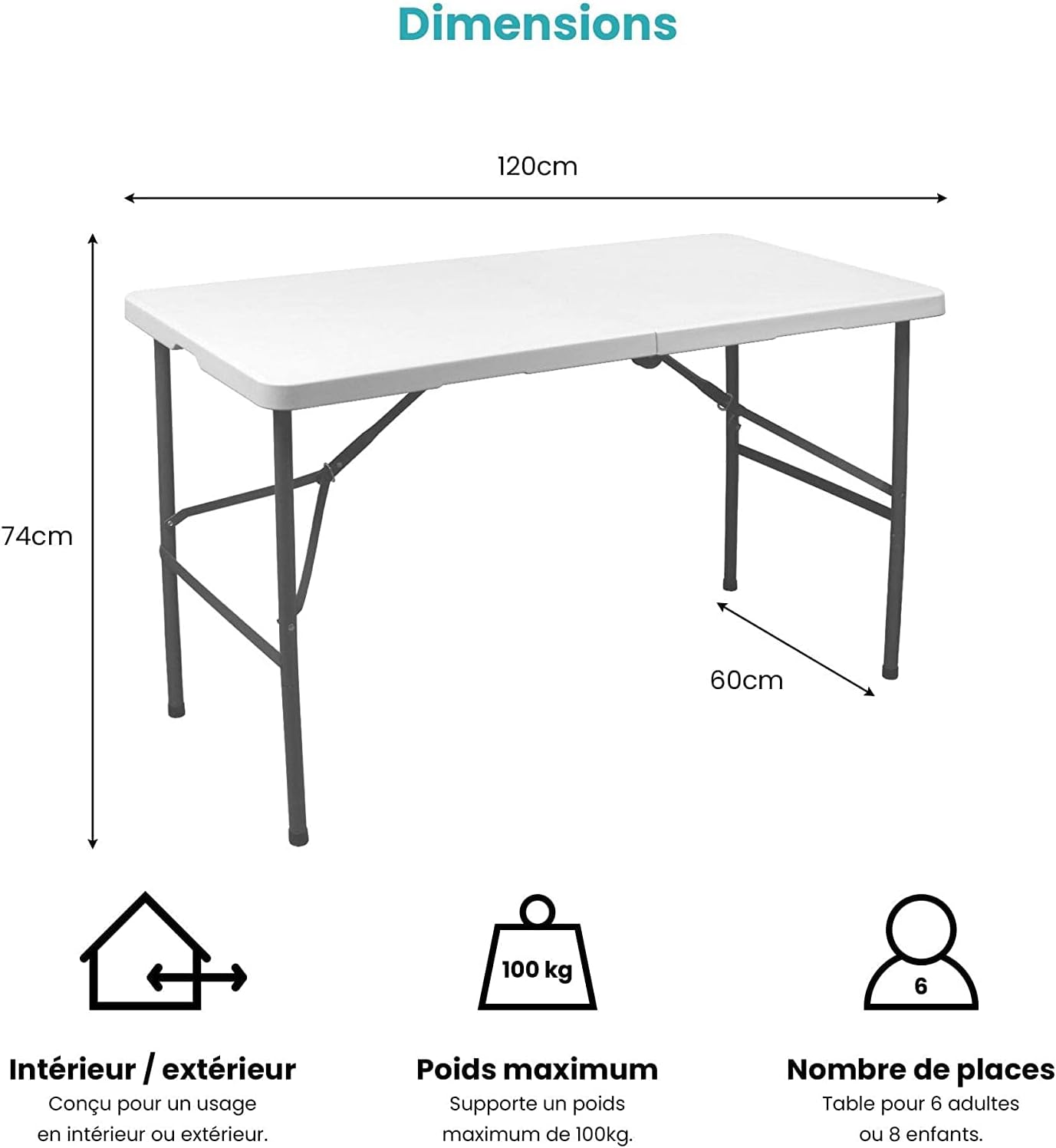 Rectangular Folding Table - 120x60x74cm HDPE 3.5cm Thick,120cm White