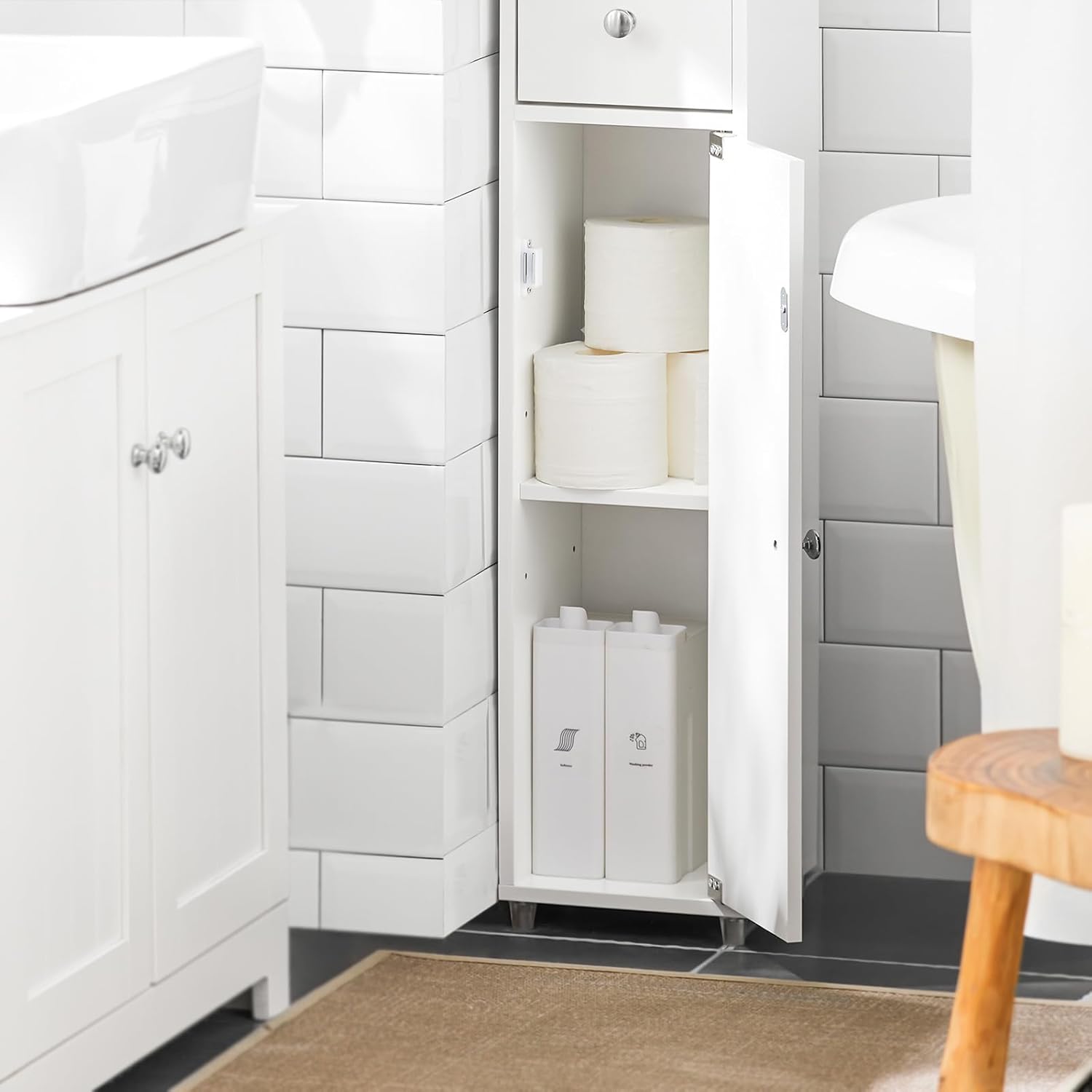 (Dubai Stock) SoBuy مجلس الوزراء Storage Cabinet Drawer Cabinet bathroom storage Bathroom Tall Cabinet 20x20x180cm (white) BZR34-W