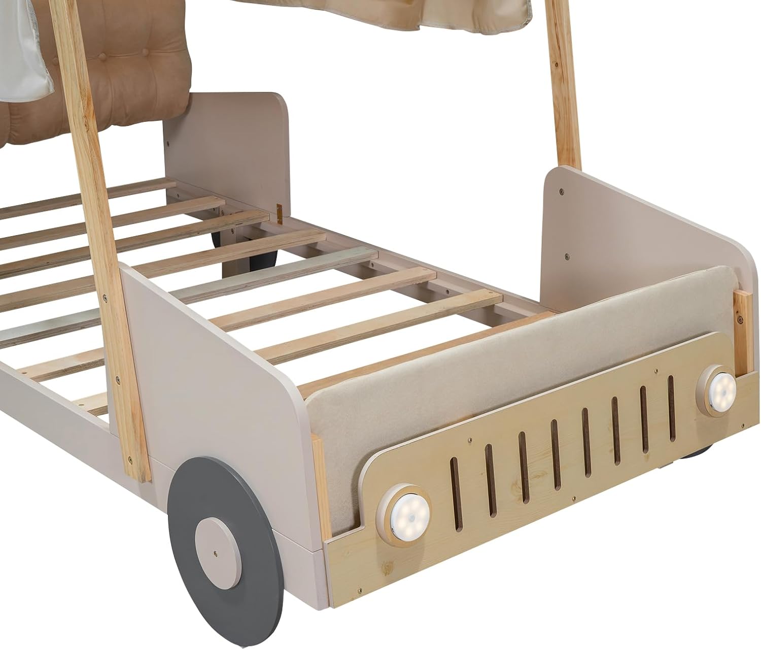 Twin Size kid Car Bed with Pillow & Car Headlights Shaped LED Light,Wood Kid Bed Frame W/Ceiling Cloth & Magazine Holder,Toy Bedroom Furniture for Boys Toddlers Child,Natural