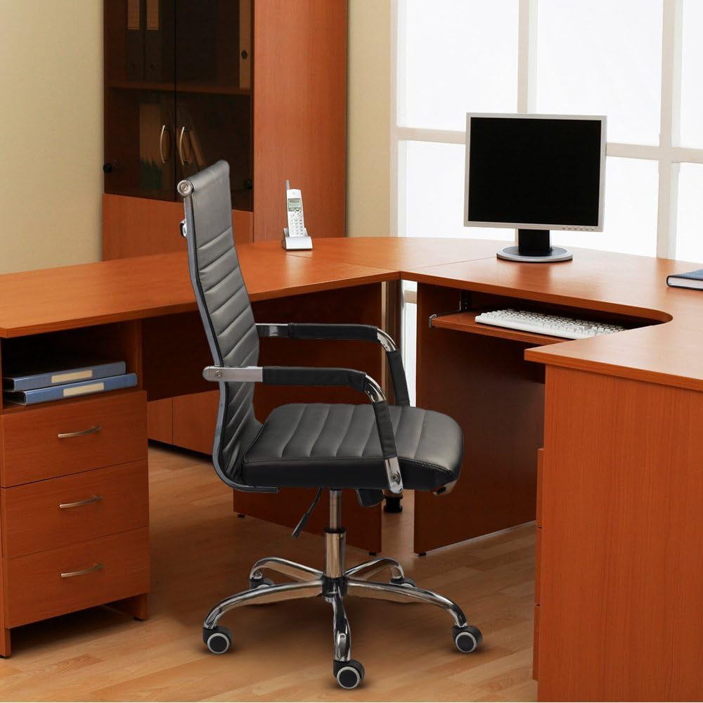 Furmax Ribbed Office Desk Mid-Back Pu Leather Executive Conference Task Adjustable Swivel Chair With Arms, Black