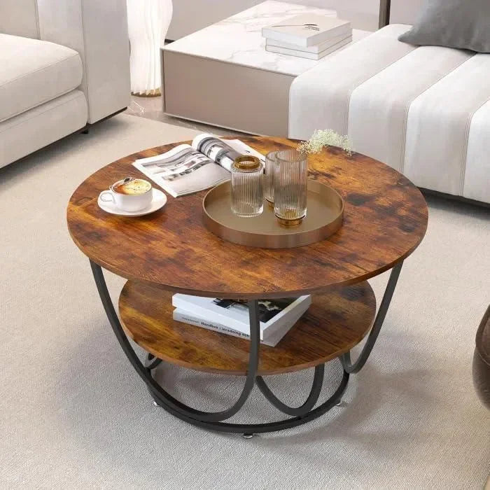 Round Coffee Table with Marble Top Like Finish Stylish 2-Tier Design