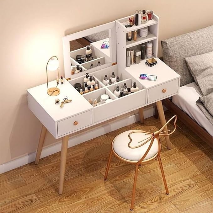 Multifunction Modern Design Two Drawers Makeup Dressings Storage Table For Living Room - White/Beige-GCC Home Center