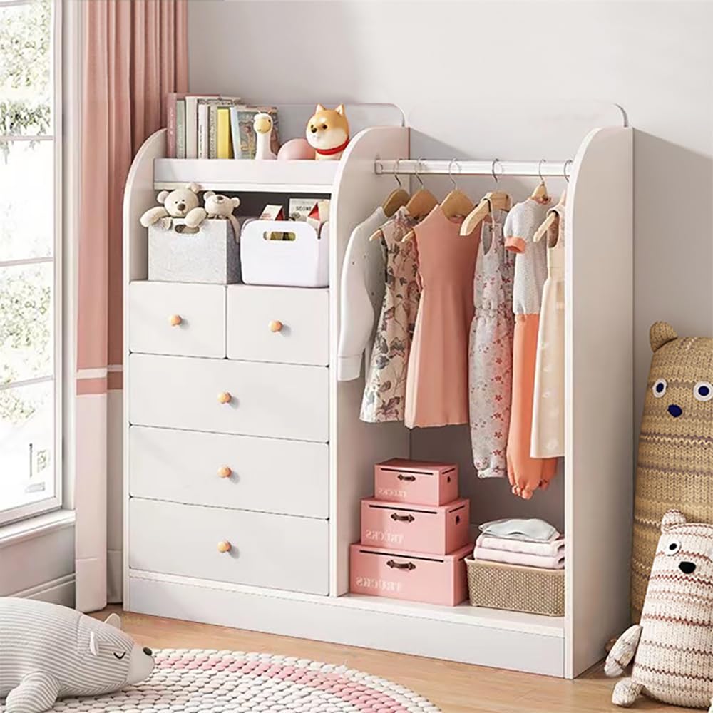MUMOO BEAR Creative Kids Wardrobe, Wooden Cabinet with 5 Drawers and Hanging Area for Clothes Storage Organizer, Modern Closet Heavy Duty Bedroom Furniture for Boys Girls, YN011 (Pink)-GCC Home Center