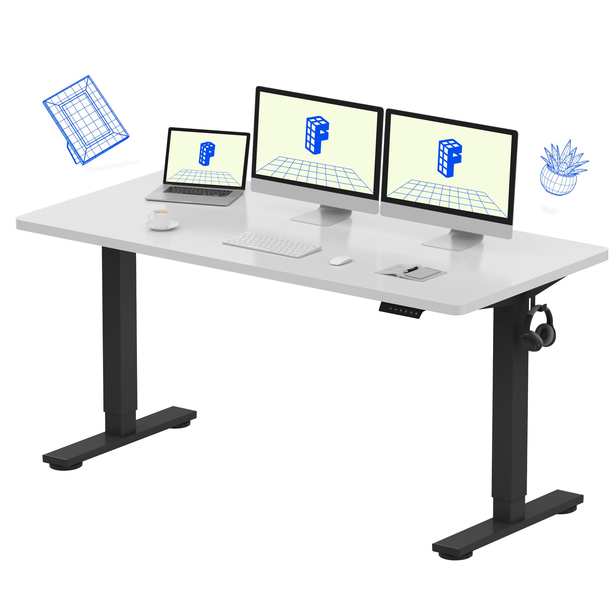 Flexispot 55 X 28 Inches Electric Stand Up Metal Desk Workstation, Whole Piece Desk Board Home Office Computer Standing Table Height Adjustable Desk Black Frame and 55 Black Top-GCC Home Center