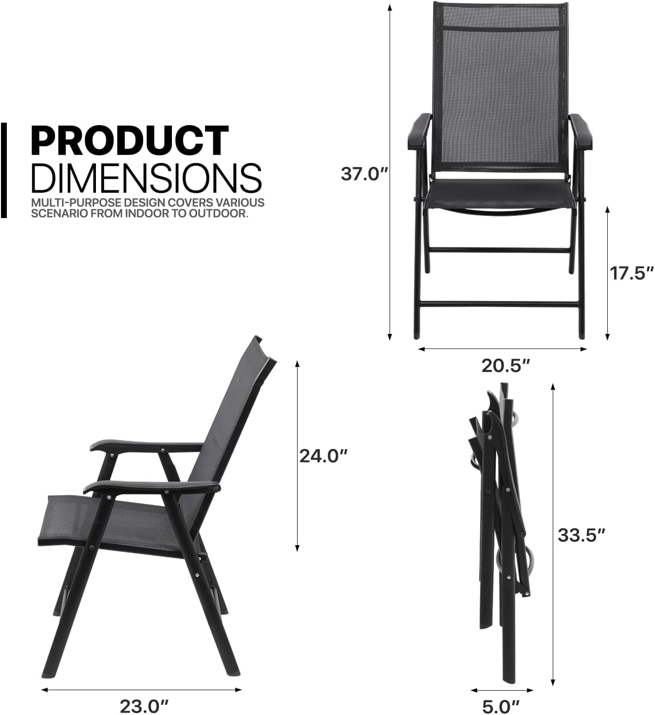 Foldable Patio Chair with Armrests and Breathable Seat Fabric, Outdoor Dining Chair-GCC Home Center
