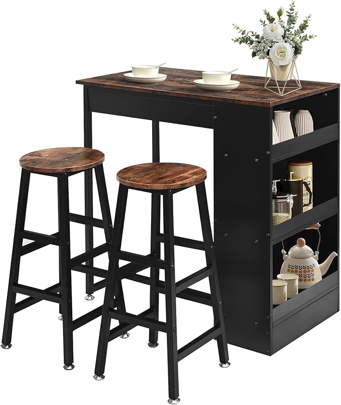 Bar Table and Chairs Set Wooden Counter Height Table Set with 2 Bar Stools, Industrial Bar Table Set with 3 Tier Adjustable Storage Shelves-GCC Home Center