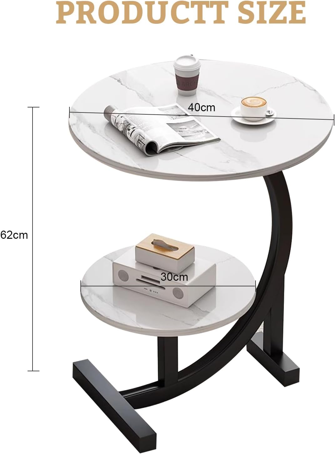Beauenty Round Side Table Coffee Couch Bedside Table End Table for Small Spaces C Shaped End Table Drink Table for Living Room, Bedroom, Office, Dorm (White Marble)