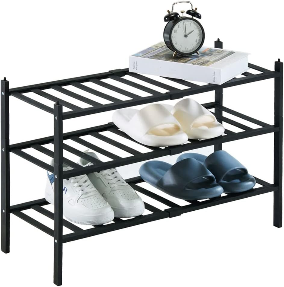 ORiTi Bamboo Shoe Rack 3 Tier Stackable Shoe Shelf Shoes Organizer Standing Shoe Stand Stable and Study for Closet Entryway Hallway Bedroom Floor Dorm Black 69x46x28cm