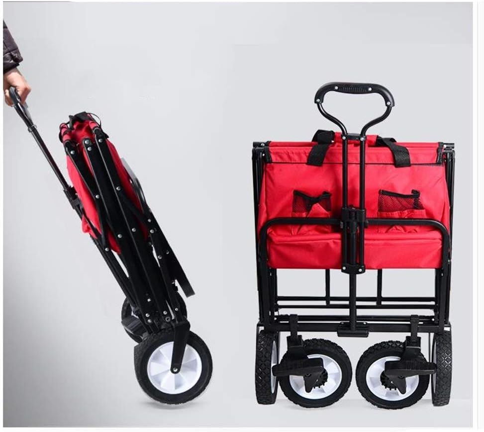 COOLBABY Outdoor Folding Trolley Station Wagon Red Garden Trolley car Foldable Pull Folding Transport Portable Four Wheels for Garden Gardening Camping