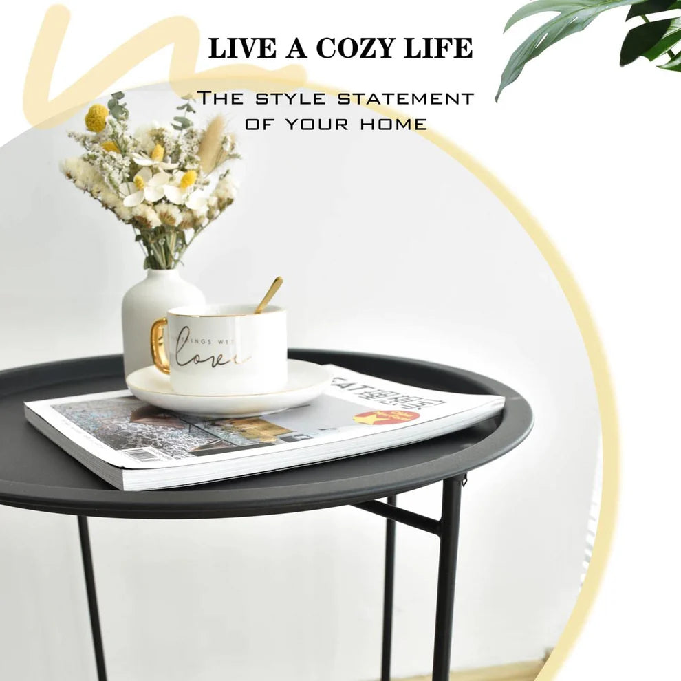 Folding Metal Side Table with Removable Tray | Waterproof Round Sofa End Table | Portable Coffee Table for Living Room, Bedroom & Balcony
