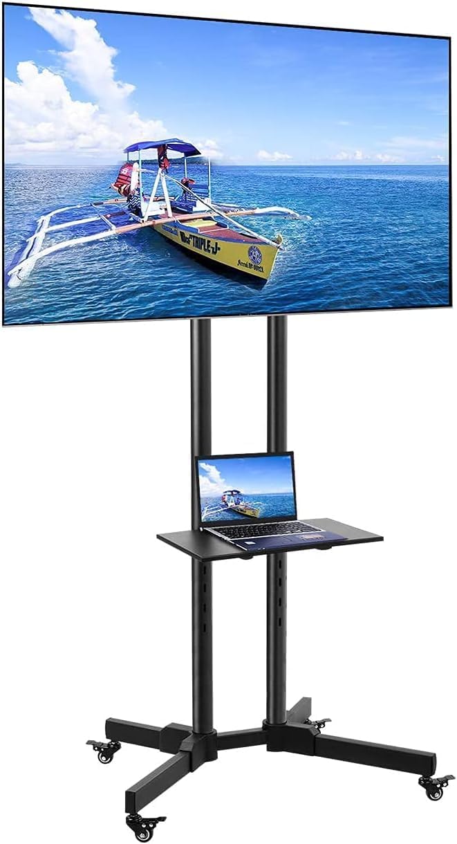 COOLBABY Mobile Rolling TV Cart with Lockable Wheels for 32-65inch LED Screen AV Carts & Stands, Tall TV Stand with Mount Height Adjustable Floor TV Stand Holds Up to 50KG Max VESA 600x400mm (Black)