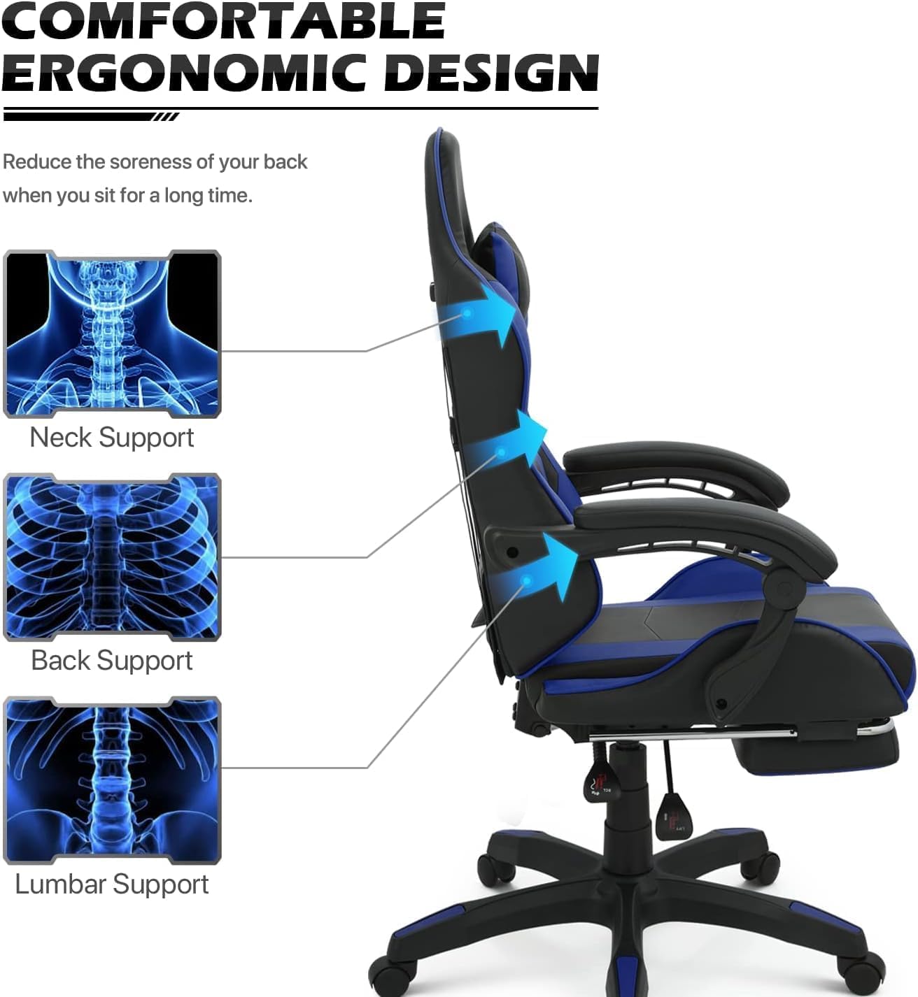 Peng General Gaming Chair with Footrest,Racing Gaming Chair,Computer Gamer Chair,Ergonomic Game Chair with Adjustable Headrest and Lumbar Support (Blue)-GCC Home Center
