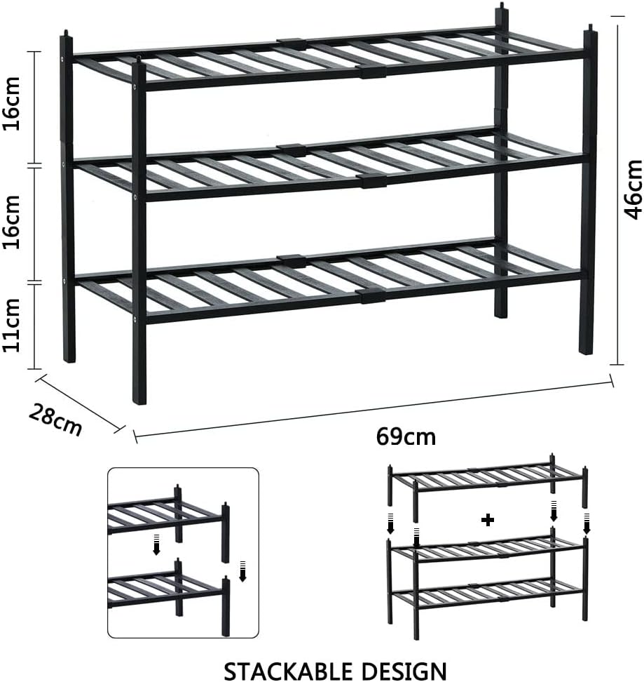 ORiTi Bamboo Shoe Rack 3 Tier Stackable Shoe Shelf Shoes Organizer Standing Shoe Stand Stable and Study for Closet Entryway Hallway Bedroom Floor Dorm Black 69x46x28cm