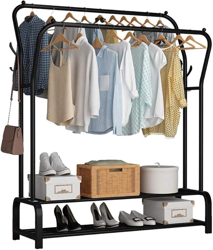 Metal Clothes Rack – Heavy Duty Hanger with Storage Shelf & Side Hooks (White)