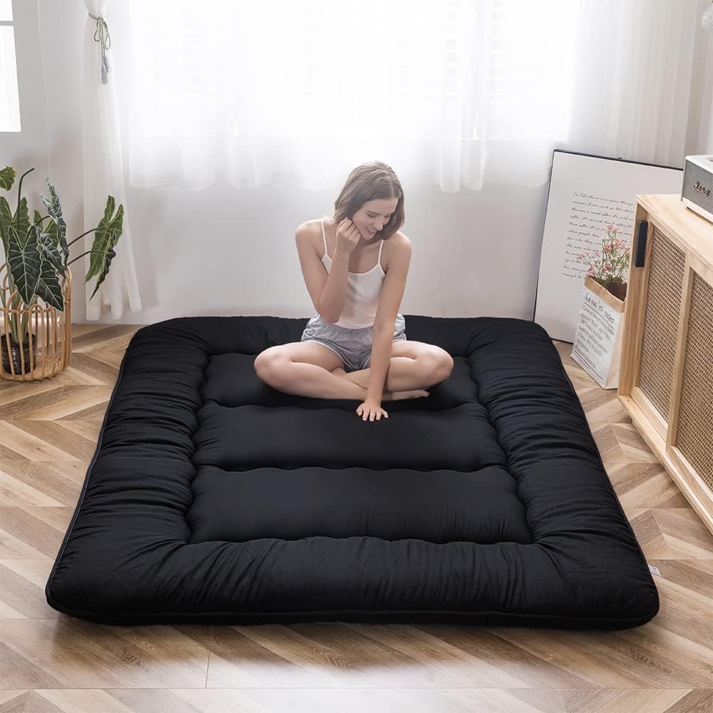 COOLBABY Japanese Floor Mattress Futon Mattress, Thicken Tatami Mat Sleeping Pad Foldable Roll Up Mattress Dormitory Mattress Pad Kids Floor Lounger Pillow Bed, 135 * 200CM Black, Full