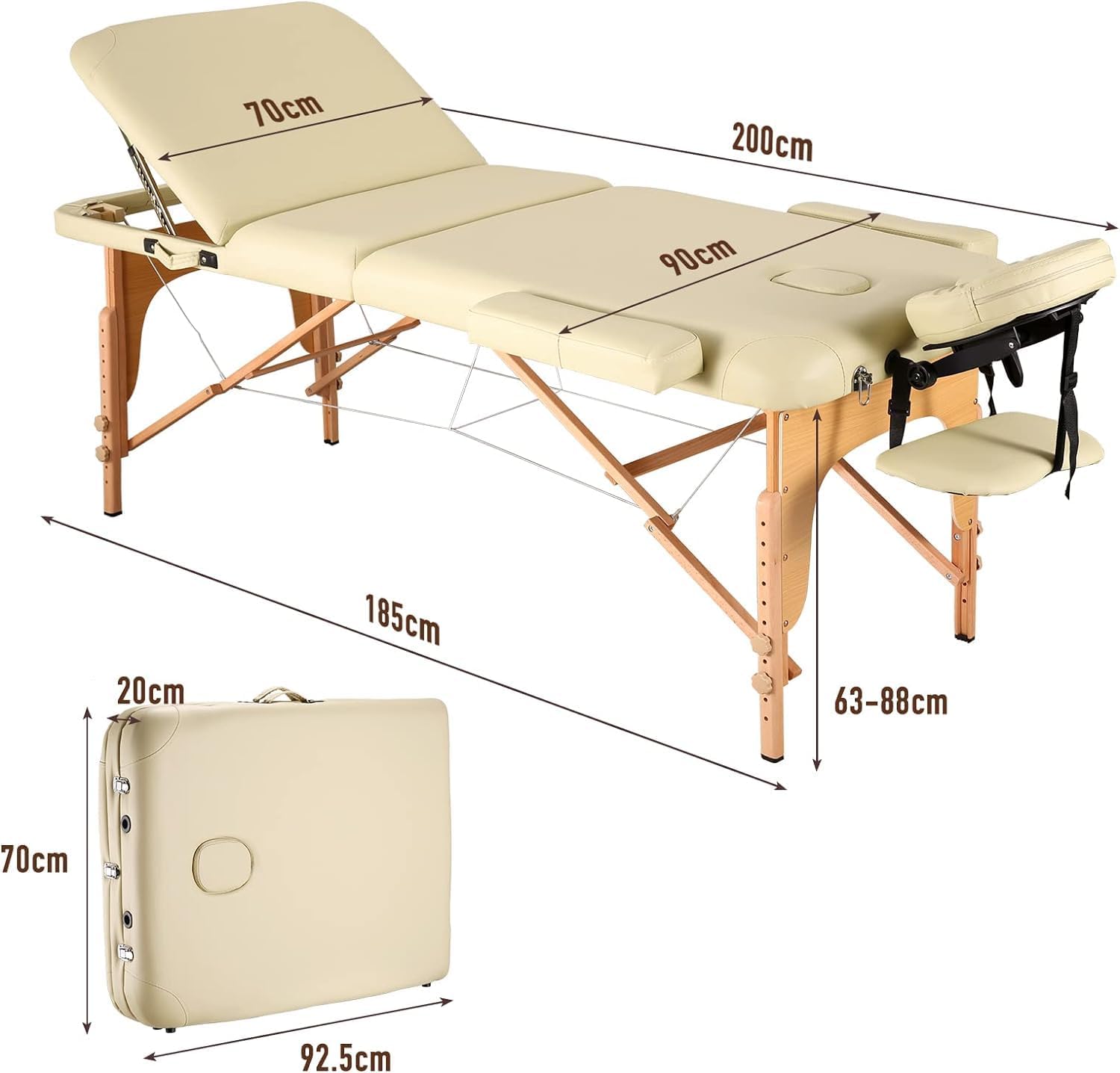 28" Portable Massage Table With Backrest Free Wheeled Carry Case, Folding SPA Bed, Lightweight, Spa Tattoo Couch Bed, 3/2 Zones with Height-Adjustable, Beige Color