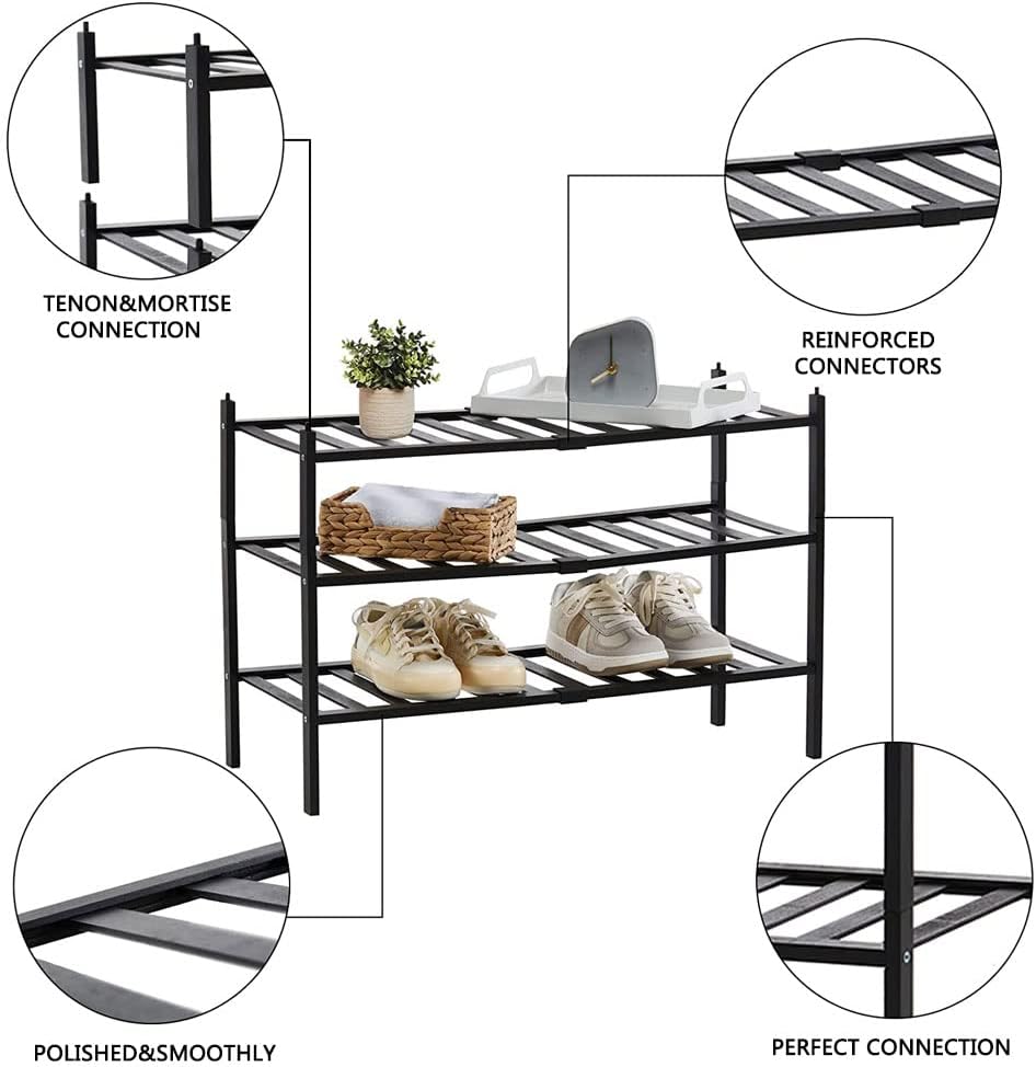 ORiTi Bamboo Shoe Rack 3 Tier Stackable Shoe Shelf Shoes Organizer Standing Shoe Stand Stable and Study for Closet Entryway Hallway Bedroom Floor Dorm Black 69x46x28cm