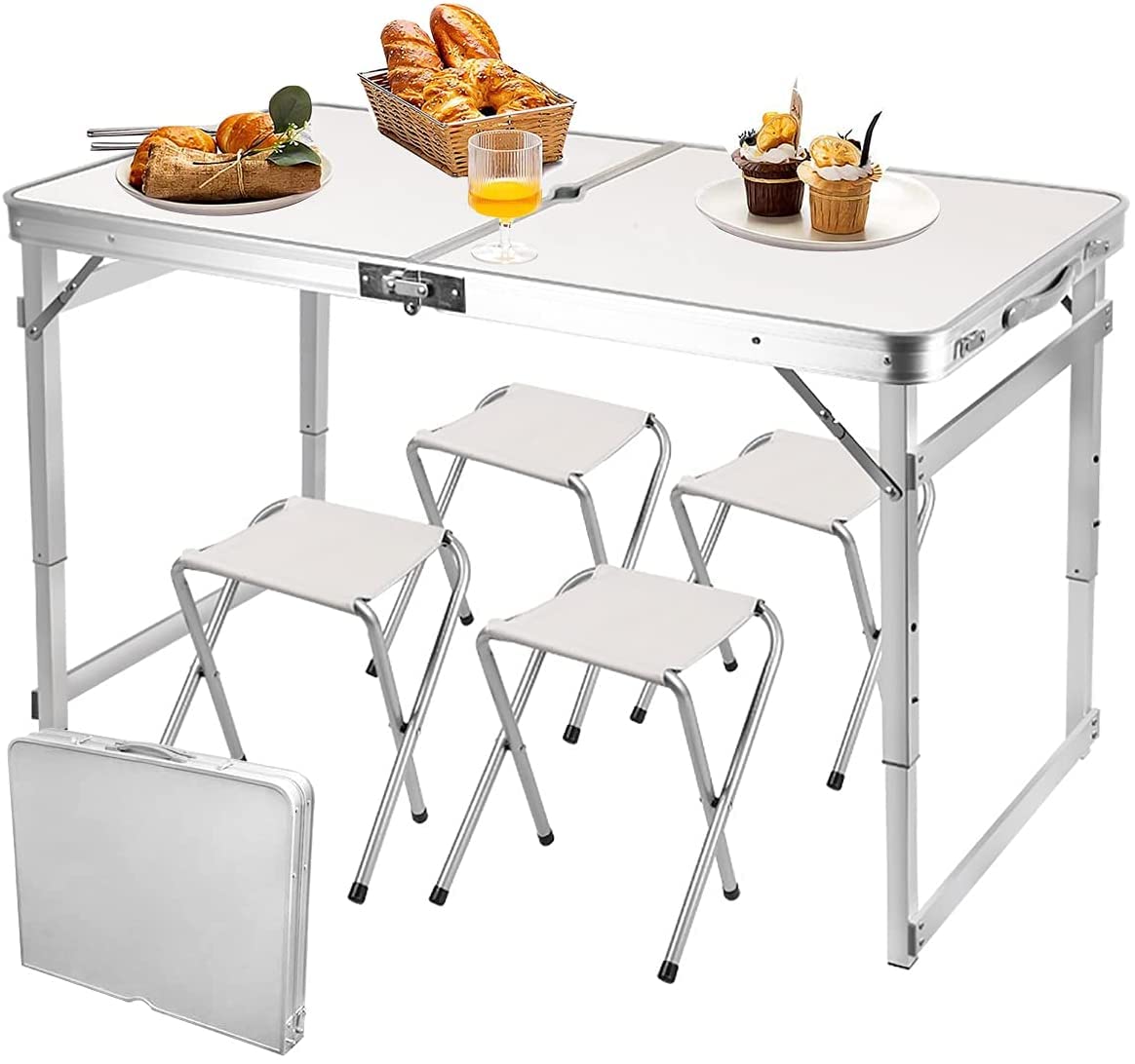 Organized Home Folding Camping Picnic Table - Portable Outdoor Aluminum Table, 3 Adjustable Heights, Lightweight Dining Table for Grill BBQ Backyard and Beach (Round tube)