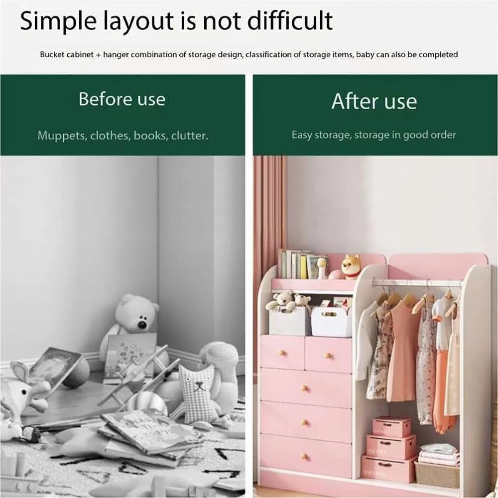 MUMOO BEAR Creative Kids Wardrobe, Wooden Cabinet with 5 Drawers and Hanging Area for Clothes Storage Organizer, Modern Closet Heavy Duty Bedroom Furniture for Boys Girls, YN011 (Pink)-GCC Home Center