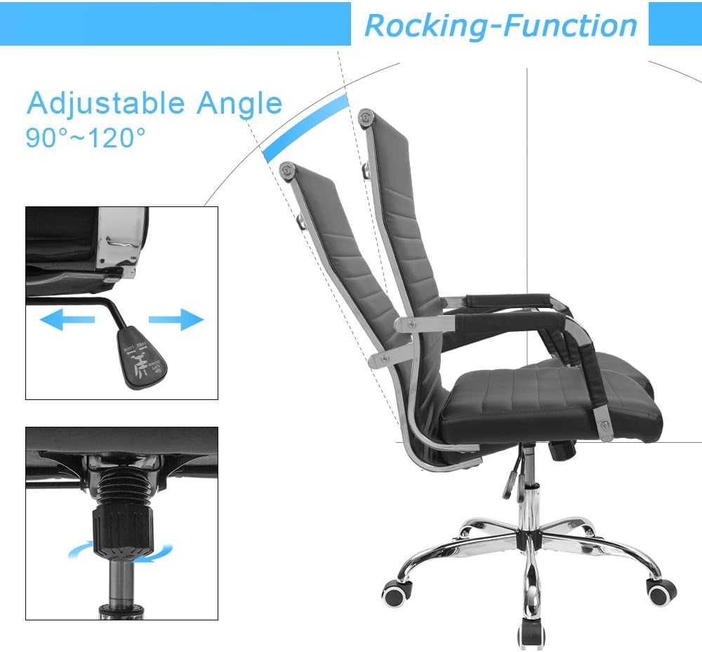 Furmax Ribbed Office Desk Mid-Back Pu Leather Executive Conference Task Adjustable Swivel Chair With Arms, Black