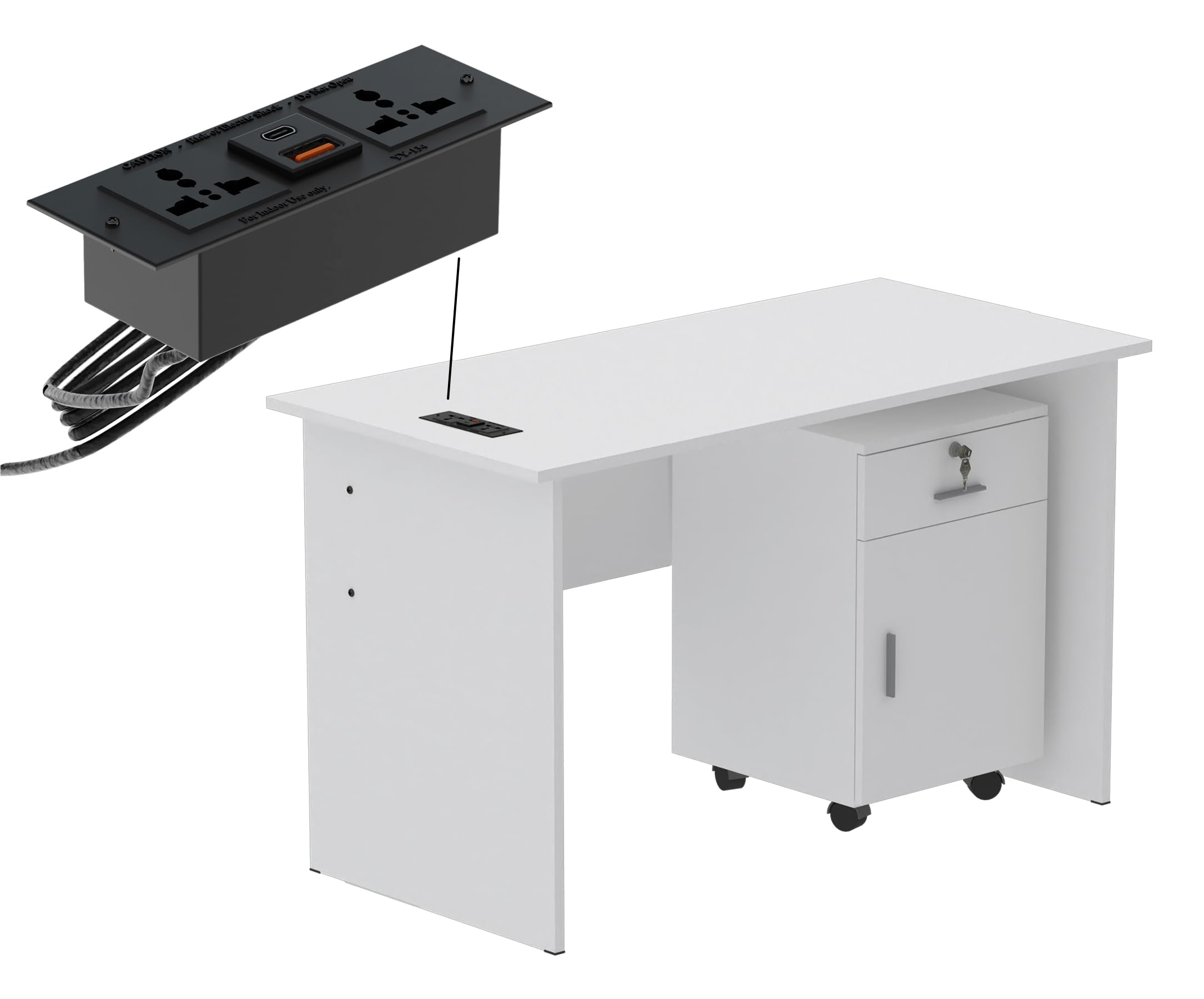 Mahmayi Modern MP1 120x60 Study Writing Table with BS01 Super Recessed Power Strip Desktop Socket Board, Modern Executive Desk for Adults, Home Offices, Schools, Laptop, Computer Workstation - WHITE