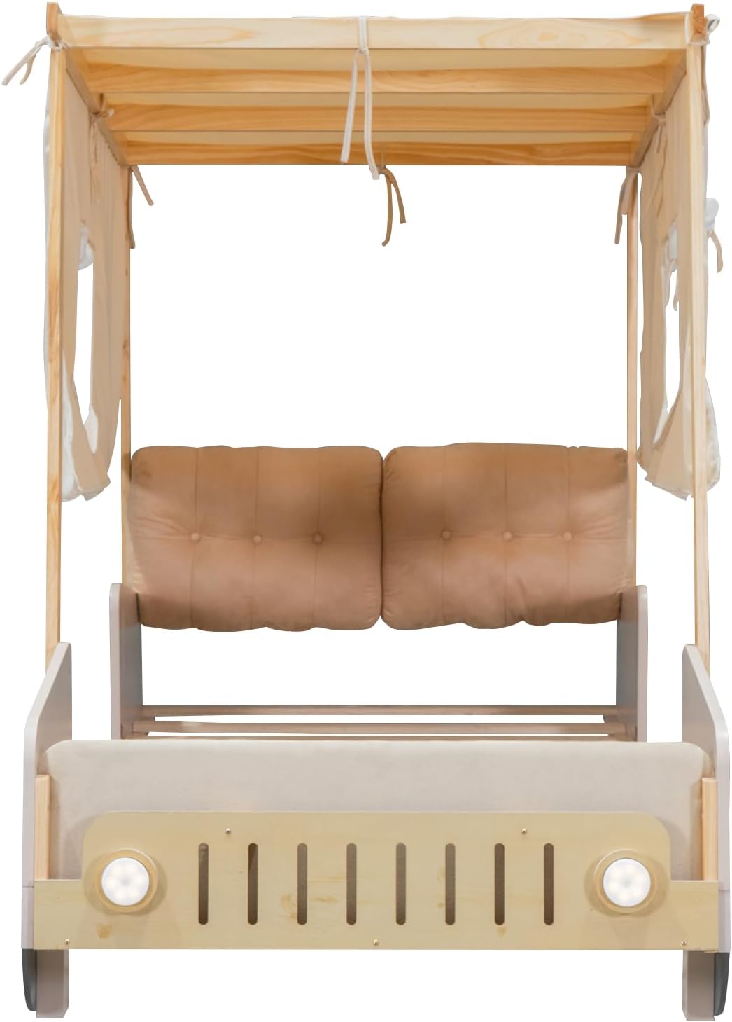 Twin Size kid Car Bed with Pillow & Car Headlights Shaped LED Light,Wood Kid Bed Frame W/Ceiling Cloth & Magazine Holder,Toy Bedroom Furniture for Boys Toddlers Child,Natural
