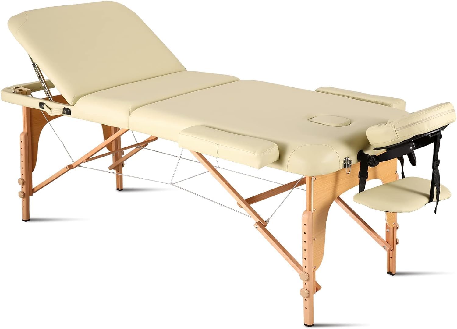 28" Portable Massage Table With Backrest Free Wheeled Carry Case, Folding SPA Bed, Lightweight, Spa Tattoo Couch Bed, 3/2 Zones with Height-Adjustable, Beige Color