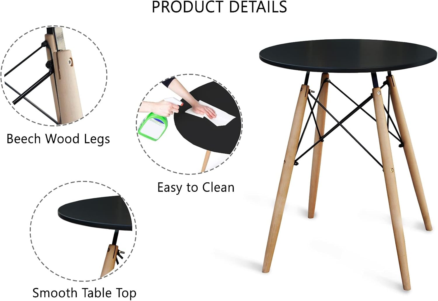 Mahmayi TJ HYT08 60DIA Round Pantry Table - Quad Leg base - Versatile for Home Office, Bistro, Balcony, Lawn, and Breakfast Nook - Fits Any Urban Decor Theme, Sturdy & Easy to Clean- Black(60cm)