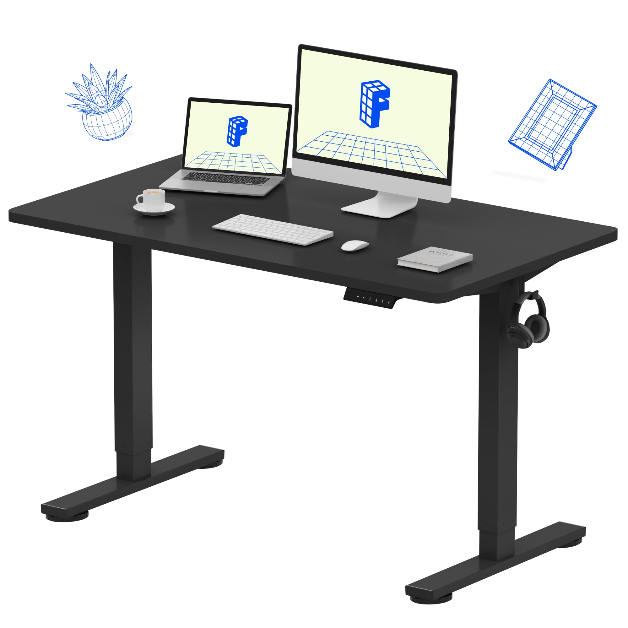 Flexispot 55 X 28 Inches Electric Stand Up Metal Desk Workstation, Whole Piece Desk Board Home Office Computer Standing Table Height Adjustable Desk Black Frame and 55 Black Top-GCC Home Center