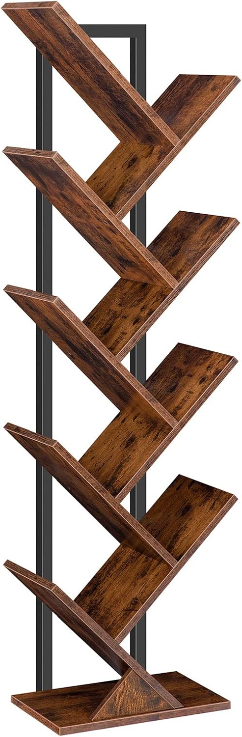 HOOBRO Floor Standing Tree Bookshelf, 9 Tier Tree Bookcase Shelves Wooden, Freestanding Office Bookcase Storage Organizer for Living Room, Bedroom, Tall Wood Bookshelf, Rustic Brown EBF08SJ01G1